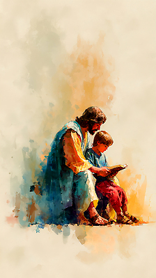 JPG 전통 손 교육 남자 종교 문화 어린이 일러스트 관계 이야기 앉기 책 학습 성경 공간 시간 예수 가르침 읽기 그림 국내일러스트 AI일러스트 AI콘텐츠 종교용품 모션 사람 신체부위 신_종교 파일형식