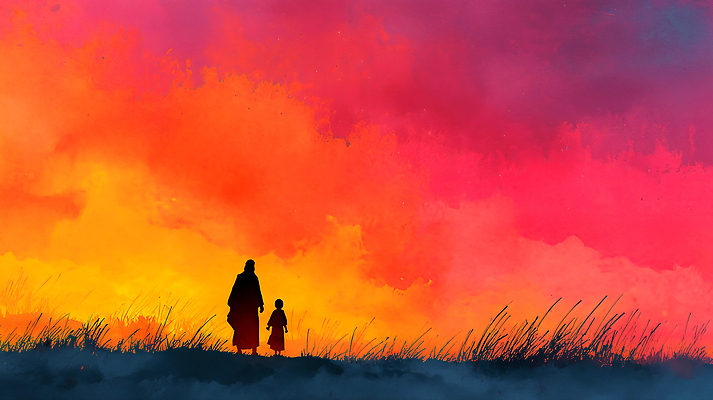 JPG 실루엣 어린이 컬러 일러스트 가족 자연 하늘 엄마 함께함 따뜻함 대화 풍경 걷기 고요 일몰 시간 예수 저녁 오후 국내일러스트 AI일러스트 AI콘텐츠 컨셉 관계 모션 촬영기법 말하기 사람 노을 신_종교 야간 생태계 파일형식