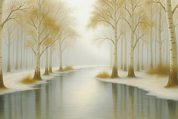 JPG 나무 계절 겨울 일러스트 자연 하늘 풍경 물 강 반사 얼음 고요 나뭇가지 보트 수면 숲 땅 조용 숲길 국내일러스트 AI일러스트 AI콘텐츠 자연요소 식물 길 배_교통 생태계 파일형식