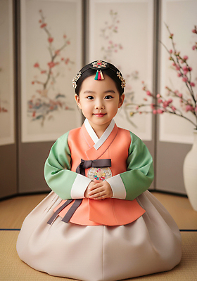 JPG 편집이미지 전통 손 옷 문화 어린이 컬러 백그라운드 새해 한국 앉기 소녀 장식 전통의상 한복 의료성형뷰티 편집실사 AI인물포토 AI콘텐츠 한국전통 여자 아시아 모션 사람 신체부위 CG 파일형식 AI포토