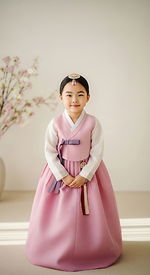 JPG 편집이미지 꽃 화분 문화 어린이 분홍색 포즈 거실 장신구 가족 새해 한국 소녀 축하 아기 전통의상 한복 의료성형뷰티 편집실사 AI인물포토 AI콘텐츠 식물 한국전통 전통 여자 아시아 컬러 컨셉 관계 사람 CG 파일형식 AI포토