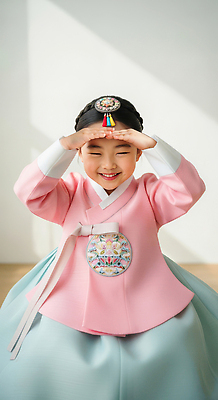 JPG 편집이미지 전통 손 여자 문화 어린이 놀이 새해 한국 표정 웃음 소녀 햇빛 기쁨 아기 전통의상 한복 의료성형뷰티 편집실사 AI인물포토 AI콘텐츠 한국전통 감정 아시아 사람 신체부위 태양 CG 파일형식 AI포토