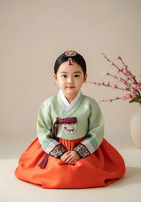 JPG 편집이미지 디자인 꽃 어린이 백그라운드 새해 한국 미소 앉기 소녀 장식 파란색 촬영 주황색 전통의상 한복 의료성형뷰티 스타일 편집실사 AI인물포토 AI콘텐츠 식물 한국전통 전통 여자 아시아 컬러 모션 표정 사람 CG 파일형식 AI포토