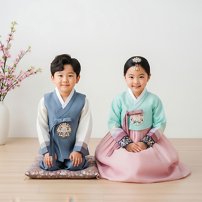 한국전통 여자 남자 아시아 어린이 관계 모션 표정 사람 내부 전통의상 CG 파일형식 전통 한복 소년 소녀 한국 앉기 미소 실내 가족 문화 옷 컬러 JPG 편집실사 편집이미지 의료성형뷰티 새해