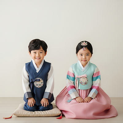 한국전통 전통 여자 기념일 남자 아시아 어린이 관계 모션 표정 사람 전통의상 CG 파일형식 한복 소년 소녀 앉기 웃음 컬러 한국 명절 세레모니 가족 문화 옷 의식 JPG 편집실사 편집이미지 의료성형뷰티 새해