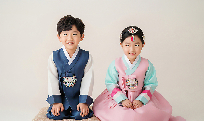 한국전통 여자 남자 아시아 어린이 모션 표정 사람 전통의상 CG 파일형식 한복 소년 소녀 앉기 촬영 한국 전통 옷 문화 웃음 기념 컬러 JPG 편집실사 편집이미지 의료성형뷰티 새해