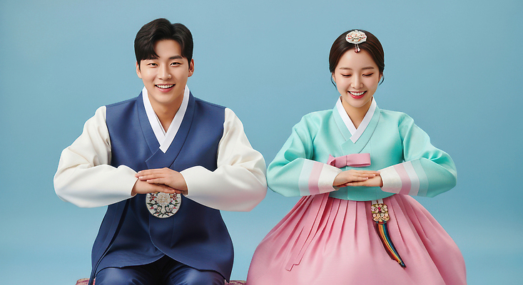 한국전통 아시아 관계 표정 사람 예절 전통의상 CG 파일형식 한복 남자 여자 촬영 스튜디오 인사 웃음 문화 전통 옷 한국 상반신 뷰티풀 컬러 세트 JPG 편집실사 편집이미지 의료성형뷰티 새해 커플