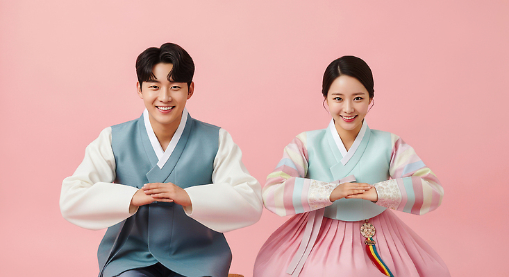 한국전통 시선 관계 모션 표정 사람 신체부위 전자제품 전통의상 CG 파일형식 한복 남자 여자 백그라운드 나란히 앉기 손 미소 카메라 응시 스타일 전통 JPG 편집실사 편집이미지 의료성형뷰티 새해 커플