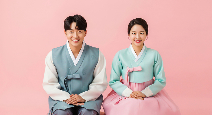 한국전통 아시아 컬러 관계 모션 표정 사람 전통의상 CG 파일형식 한복 남자 여자 앉기 미소 한국 전통 옷 분홍색 백그라운드 문화 이벤트 스타일 JPG 편집실사 편집이미지 의료성형뷰티 새해 커플