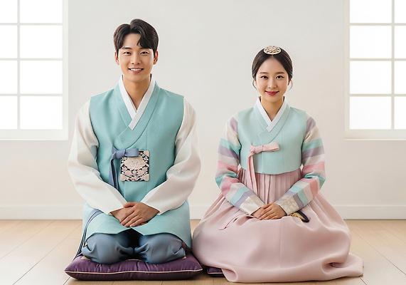 한국전통 시선 아시아 결혼 관계 모션 사람 이벤트 전통의상 CG 파일형식 한복 남자 여자 결혼식 전통 옷 앉기 응시 한국 문화 준비 JPG 편집실사 편집이미지 의료성형뷰티 새해 커플