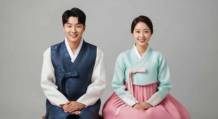 한국전통 아시아 컬러 컨셉 관계 모션 표정 사람 파란색 촬영 외투 전통의상 CG 파일형식 전통 한복 남자 여자 앉기 조끼 하늘색 분홍색 한국 문화 옷 클래식 미소 사진촬영 JPG 편집실사 편집이미지 의료성형뷰티 새해 커플