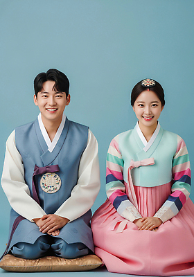 한국전통 아시아 관계 모션 사람 전통의상 CG 파일형식 한복 전통 옷 커플 남자 여자 앉기 한국 문화 컬러 백그라운드 이벤트 JPG 편집실사 편집이미지 의료성형뷰티 새해