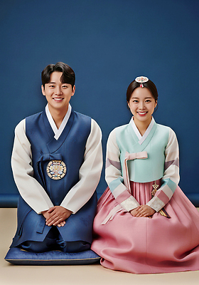 한국전통 아시아 컬러 관계 모션 사람 파란색 전통의상 CG 파일형식 한복 전통 남자 여자 한국 앉기 분홍색 하늘색 백그라운드 문화 옷 커플 JPG 편집실사 편집이미지 의료성형뷰티 새해