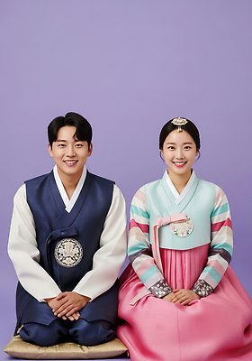 동양문화 한국전통 감정 아시아 컬러 관계 모션 한국 사람 전통의상 CG 파일형식 남자 여자 한복 전통 옷 파란색 분홍색 앉기 촬영 기념 행복 한국문화 커플 JPG 편집실사 편집이미지 의료성형뷰티 새해