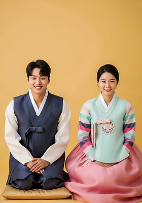 한국전통 아시아 컬러 관계 사람 이벤트 전통의상 CG 파일형식 전통 한복 남자 여자 한국 백그라운드 노란색 옷 기념일 표정 축제 문화 JPG 편집실사 편집이미지 의료성형뷰티 새해 커플