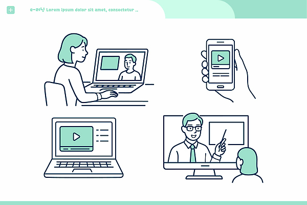 직업 교육 컨셉 모션 전자제품 핸드폰 스마트기기 강의 파일형식 벡터 언택트 온라인강의 컴퓨터 스마트폰 교사 학생 영상 스크린 집중 설명 소통 자료 학습 디지털 기술 프레젠테이션 학원 현재 일러스트 국내일러스트 AI파일 전자책 전자