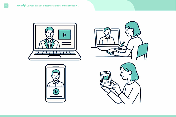 직업 교육 컨셉 모션 전자제품 핸드폰 스마트기기 강의 파일형식 벡터 언택트 온라인강의 스마트폰 노트북 기록 학습 영상 학생 강사 듣기 집중 컴퓨터 디지털 정보 수업 기술 일러스트 국내일러스트 AI파일 전자책 전자
