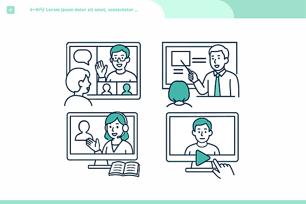 직업 교육 컨셉 예절 통화 파일형식 벡터 온라인 수업 소통 화상통화 자료 학생 교사 기술 학습 그룹 스크린 강의 영상 상호작용 인사 질문 답변 안내 일러스트 국내일러스트 AI파일 전자책 전자