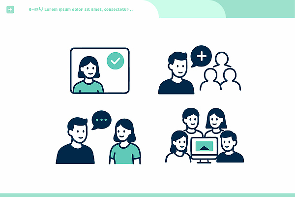 교육 다수 컨셉 비즈니스 말하기 사람 파일형식 벡터 온라인 소통 협력 여러명 대화 연결 스크린 그룹 기능 발표 정보 비디오 회의 상호작용 작업 소셜 일러스트 국내일러스트 AI파일 학습 전자책 전자