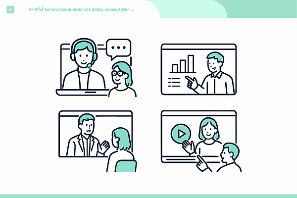 직업 교육 말하기 전자제품 강의 파일형식 벡터 언택트 온라인강의 강사 학생 스크린 그래프 비디오 수업 대화 정보 학습 작업 컴퓨터 발표 토론 질문 응답 기술 일러스트 국내일러스트 AI파일 전자책 전자