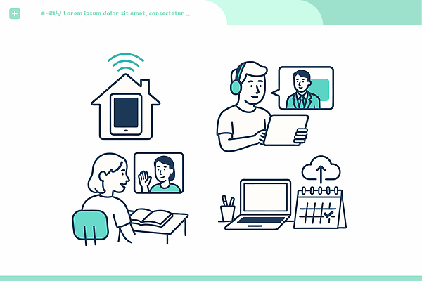 교육 컨셉 비즈니스 건물 전자제품 스마트기기 통화 파일형식 벡터 온라인 학습 태블릿 컴퓨터 화상통화 계획 학생 주택 사무실 인터넷 소통 문자 수업 자료 강의 스크린 이미지 일러스트 국내일러스트 AI파일 전자책 전자
