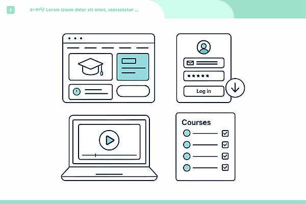 교육 컨셉 교통시설 전자제품 파일형식 벡터 온라인 플랫폼 강의 수업 학생 로그인 자료 비디오 과정 스크린 컴퓨터 학습 등록 정보 인터페이스 디자인 홈페이지 기능 일러스트 국내일러스트 AI파일 전자책 전자