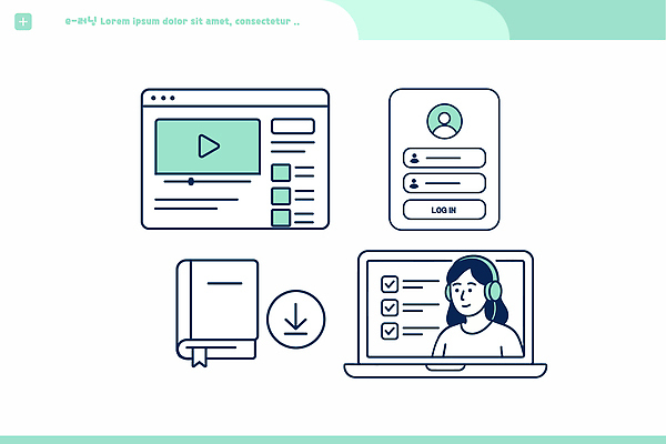 교육 교통시설 전자제품 파일형식 벡터 온라인 학습 플랫폼 강의 학생 컴퓨터 비디오 체크리스트 로그인 정보 원격 자료 다운로드 스크린 소프트웨어 기능 등록 시간 일러스트 국내일러스트 AI파일 전자책 전자