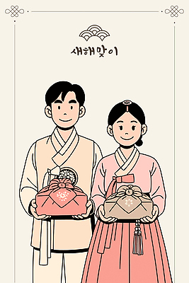 동양문화 한국전통 전통 명절 기념일 아시아 컨셉 관계 한국 사람 이벤트 전통의상 파일형식 벡터 남자 여자 선물 보따리 새해 축제 가족 기념 문화 고객 축하 옷 한국문화 그림 일러스트 국내일러스트 AI파일 한복 설날