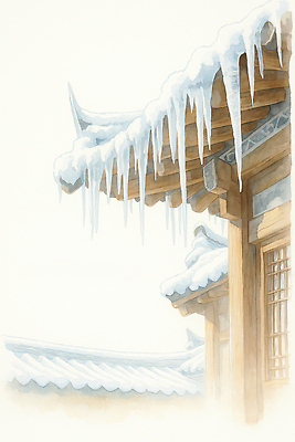 JPG 나무 외관 건축 문화 고건축 설경 겨울 일러스트 자연 지붕 한옥 한국 고대문명 풍경 건물 장식 공간 시골 기와지붕 고드름 다락 국내일러스트 AI일러스트 AI콘텐츠 식물 한국전통 건축물 계절 아시아 기와 얼음 생태계 파일형식