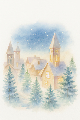 자연요소 식물 계절 기념일 종교건축 건물 라이프 야간 생태계 파일형식 풍경_경치 겨울 마을 교회 나무 별 하늘 빛 풍경 저녁 조명 따뜻함 주택 크리스마스 종교 자연 야경 시골 일상 휴일 일러스트 국내일러스트 JPG