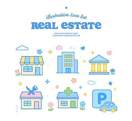 문자 건축물 건물 재산 시설 파일형식 벡터 부동산 주택 상점 의료시설 주차장 디자인 그림 기호 산업 상업 거주 심볼 AI파일 일러스트 국내일러스트