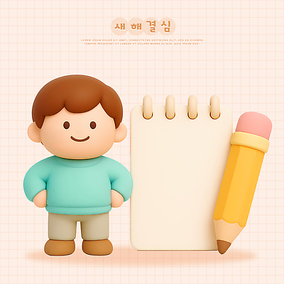 PSD 편집이미지 캐릭터 디자인 어린이 생각 새해 아이디어 사람 연필 귀여움 공책 기록 결심 그림 만들기 단순화된 창의성 편집3D 컨셉 모션 문구용품 학용품 필기구 3D 파일형식