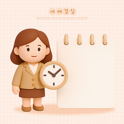 PSD 편집이미지 캐릭터 인형 시계 백그라운드 새해 관리 메모지 시간 업무 계획 결심 정리 편집3D 컨셉 3D 사무용품 작업 파일형식