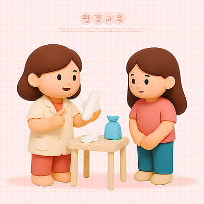 PSD 편집이미지 캐릭터 교육 문화 청소년 탁자 건강 대화 소녀 학습 의사 정보 생리 생리대 성교육 월경 표준 필요 편집3D 여자 어린이 가구 컨셉 말하기 사람 3D 의료진 여성용품 생리현상 파일형식
