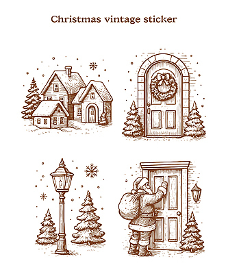 식물 계절 기념일 컨셉 크리스마스 겨울 관계 눈_날씨 풍경 건물 파일형식 벡터 빈티지 스티커 주택 문 나무 산타클로스 설경 장식 장면 크리스마스장식 겨울풍경 눈송이 크리스마스트리 가족 선물 축제 국내일러스트 일러스트 AI파일