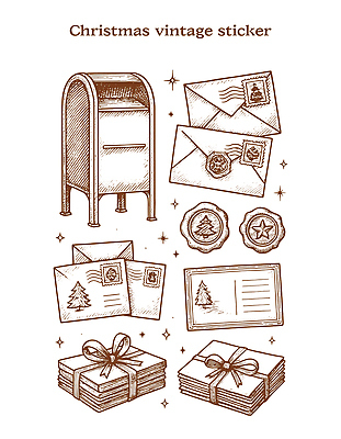 전통 디자인 기념일 스티커 크리스마스 일러스트 선물 장식 축제 기쁨 우체통 빈티지 소식 편지 연하장 포장지 전달 친척 우표 국내일러스트 AI파일 감정 컨셉 포장 가족 카드_감사 이벤트 파일형식 벡터