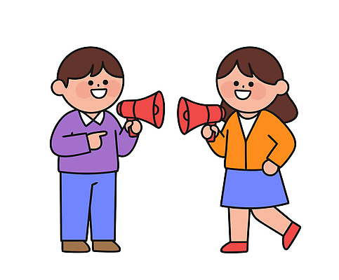 캐릭터 여자 남자 컬러 일러스트 손가락 모션 표정 이야기 대화 웃음 사람 친구 확성기 만남 가리킴 표현 목소리 소통 국내일러스트 AI파일 손 컨셉 관계 말하기 손짓 파일형식 벡터