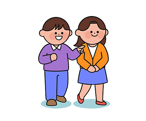 캐릭터 여자 남자 어린이 일러스트 모션 밝음 대화 사랑 웃음 친구 걷기 만남 즐거움 장면 소통 단순화된 동반 국내일러스트 AI파일 감정 컨셉 관계 표정 말하기 사람 파일형식 벡터