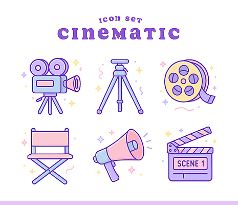 디자인 예술 의자 일러스트 세트 카메라 촬영 확성기 장비 도구 표현 제조 클래퍼보드 필름 영화 영상 삼각대 창작 국내일러스트 AI파일 가구 문화예술 전자제품 파일형식 벡터