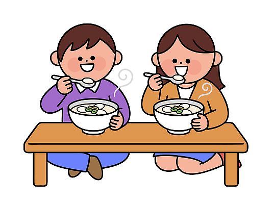 감정 한식 음식 가구 컨셉 수저 표정 말하기 사람 라이프 전통음식 면류 파일형식 벡터 떡국 국수 식사 두명 탁자 즐거움 웃음 대화 함께함 따뜻함 행복 소통 일상 간편조리식품 반찬 숟가락 맛 일러스트 국내일러스트 AI파일 새해