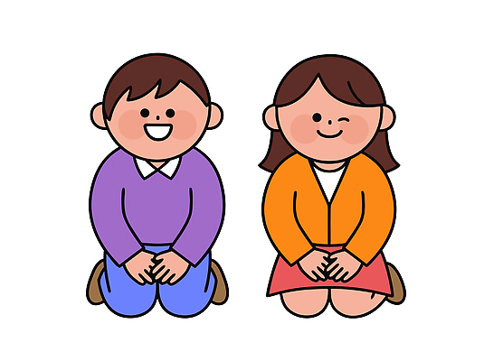 감정 컬러 상의 관계 모션 표정 사람 신체부위 파일형식 벡터 어린이 남자 여자 무릎 앉기 미소 스웨터 옷 주황색 보라색 장면 턱괴기 친구 즐거움 손 놀이 일러스트 국내일러스트 AI파일 새해