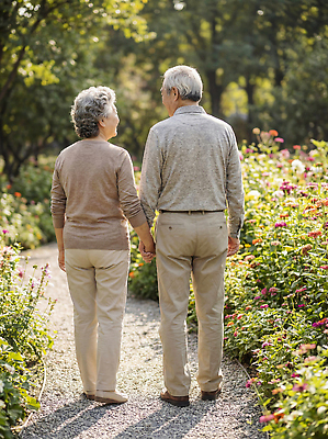 JPG 편집이미지 부부 노년 꽃 행복 결혼 자연 사랑 풍경 실버라이프 평화 걷기 정원 손잡기 노부부 동행 의료성형뷰티 편집실사 AI인물포토 AI콘텐츠 식물 라이프스타일 커플 감정 컨셉 모션 이벤트 성인 CG 생태계 파일형식 AI포토