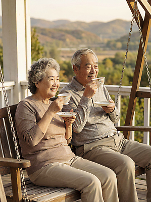 JPG 나무 편집이미지 부부 노년 행복 의자 자연 휴식 산 미소 생활 실버라이프 정원 노부부 발코니 시간 즐거움 오후 의료성형뷰티 편집실사 AI인물포토 AI콘텐츠 식물 라이프스타일 커플 감정 가구 컨셉 표정 성인 CG 생태계 파일형식 AI포토