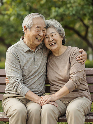 JPG 편집이미지 공원 노년 행복 벤치 자연 함께함 사랑 웃음 실버라이프 손잡기 노부부 시간 연령 즐거움 의료성형뷰티 편집실사 AI인물포토 AI콘텐츠 라이프스타일 부부 공공시설 감정 컨셉 의자 모션 표정 성인 CG 생태계 파일형식 AI포토