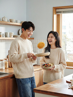 JPG 편집이미지 여자 남자 행복 음식 과일 신혼부부 아침 함께함 요리 웃음 생활 주방 식사 준비 팬케이크 순간 의료성형뷰티 편집실사 주간 부부 감정 컨셉 표정 사람 케이크 CG 신혼 파일형식