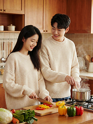 JPG 편집이미지 여자 남자 음식 컬러 채소 신혼부부 함께함 대화 요리 사람 주방 식사 냄비 자르기 의료성형뷰티 편집실사 부부 컨셉 모션 말하기 솥 CG 신혼 파일형식