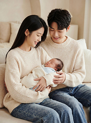 커플 감정 컨셉 상의 의자 가족 관계 안기 실내 표정 사람 CG 파일형식 부부 아기 소파 따뜻함 스웨터 사랑 부모 포옹 웃음 집안 장면 다정 편집이미지 편집실사 JPG 출산 의료성형뷰티