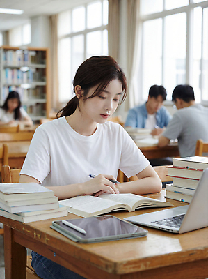 JPG 편집이미지 학생 실험 책 노트북 학습 환경 자료 교양 기록 시간 도서관 집중 읽기 과제 여대생 의료성형뷰티 편집실사 AI인물포토 AI콘텐츠 여자 교육 대학생 컨셉 모션 전자제품 CG 파일형식 AI포토