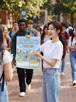 JPG 편집이미지 학생 포스터 모션 거리 설명 이벤트 여러명 친구 클럽 대학교 여대생 모집 가입 참여 의료성형뷰티 편집실사 AI인물포토 AI콘텐츠 여자 대학생 다수 학교 관계 사람 CG 파일형식 AI포토