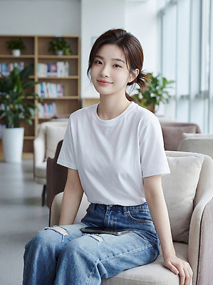 JPG 나무 식물 편집이미지 여자 티셔츠 휴식 책장 실내 미소 사람 앉기 소파 공간 청바지 여대생 의료성형뷰티 스타일 편집실사 AI인물포토 AI콘텐츠 대학생 가구 컨셉 셔츠 의자 바지 모션 표정 내부 CG 파일형식 AI포토